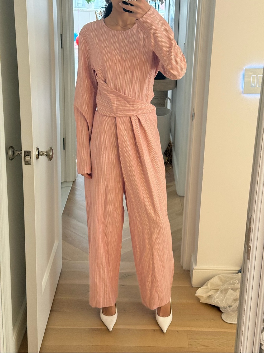 Sies Marjan Red and White Striped Long-Sleeve Wide-Leg Jumpsuit with Waist Tie